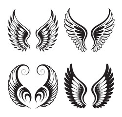Fototapeta premium Black Wing Tattoos, Angel Wings, Feathered Symbols Isolated on White