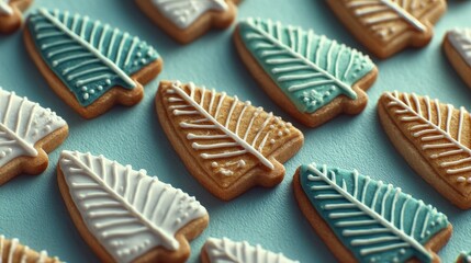 Leaf-shaped sugar cookies with white and blue icing displayed on light blue surface evoke winter holiday celebrations and seasonal gatherings