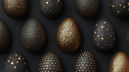 Elegant Black And Gold Easter Eggs With Intricate Geometric Patterns For Luxury Holiday Decor, Perfect For Easter And Orthodox Easter Stock Photo