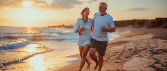 Happy mature couple jogging together on a sandy beach at sunset. Active lifestyle, healthy aging, outdoor fitness, partnership, motivation and wellness concept.