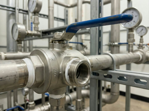 Industrial 3-way ball valve with blue handle on stainless steel piping system