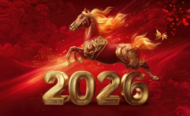 A red horse with gold details leaps over gold numbers number text 2026 on a red background, representing the Year of the Fire Horse on the eastern Chinese zodiac sign of the lunar calendar