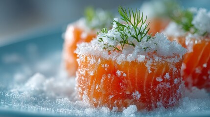 Norwegian cured salmon slices with ice and dill on blue background evoke festive, winter, and Scandinavian culinary themes suitable for holiday promotions