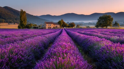 Fototapeta premium Sunrise over lavender fields in Provence: warm golden light on purple rows