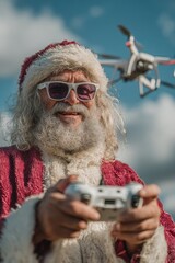 Santa Claus in festive attire flies a drone with a remote controller under clear blue sky, blending holiday tradition with modern technology for seasonal marketing