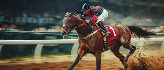 Jockey riding a racehorse at full speed on a dirt track. Horse racing action, power, competition, motion and athletic performance during a professional equestrian sport event.