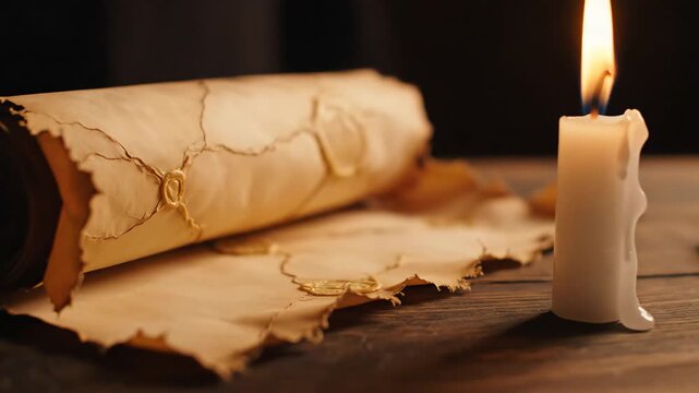 Ancient Scroll and Burning Candle on Wooden Table Old Paper and Flame Historical Document.