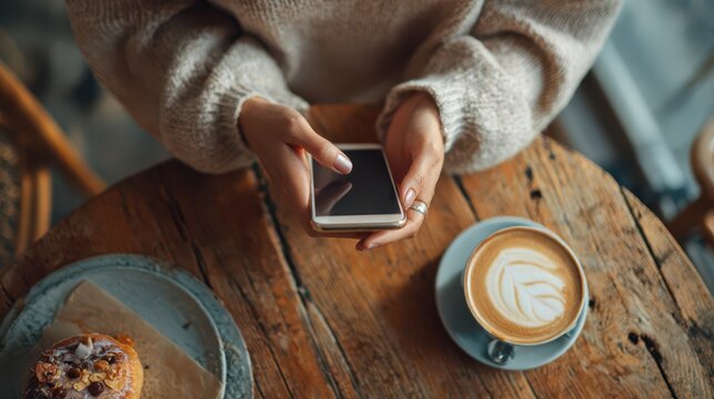 Top-down view of a woman at a cafe using her smartphone on a wooden table