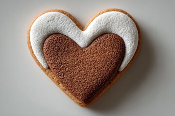 Heart-shaped Scandinavian gingerbread cookie with white and brown icing on neutral background for minimalist holiday or winter themes