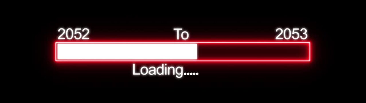 Futuristic loading bar animation from 2052 to 2053, neon red progress indicator on black background