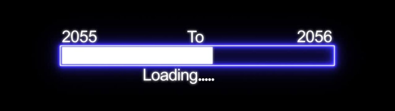 Futuristic loading bar interface, progress from 2055 to 2056, neon blue loading animation on black background, technology concept.