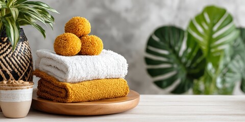 Modern Scandinavian spa-inspired decor with stacked towels, decorative balls, and lush greenery for wellness, relaxation, and home styling concepts