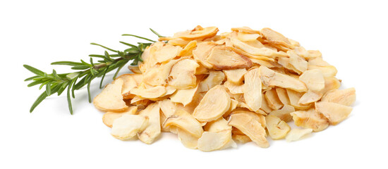 Pile of dried garlic flakes and rosemary isolated on white