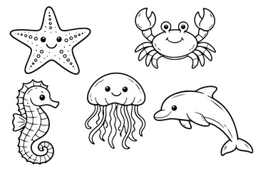 Fototapeta premium Hand drawn line art marine animals set featuring a starfish, crab, seahorse, jellyfish, and dolphin for children's education