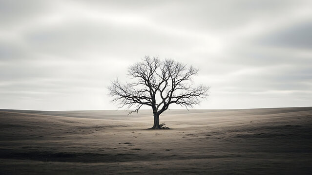 A solitary bare tree stands tall in a desolate, barren landscape under a cloudy sky