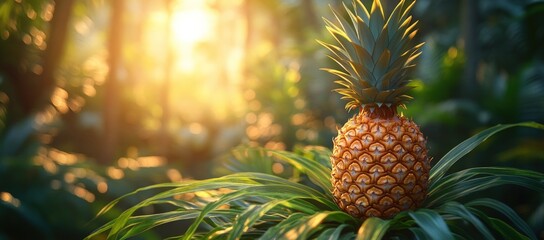 A ripe pineapple rests on lush green leaves with warm golden sunlight in a tropical forest
