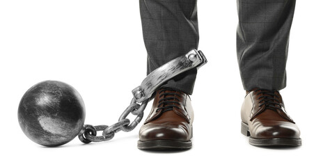Businessman with metal ball and chain on his leg against white background, closeup