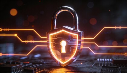 3D Cyber Security Padlock and Shield Icon. Glowing Neon Digital Lock on Dark Binary Code Background. Futuristic Data Protection, Encryption, and Internet Privacy Technology Concept Illustration.