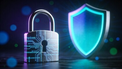 3D Cyber Security Padlock and Shield Icon. Glowing Neon Digital Lock on Dark Binary Code Background. Futuristic Data Protection, Encryption, and Internet Privacy Technology Concept Illustration.