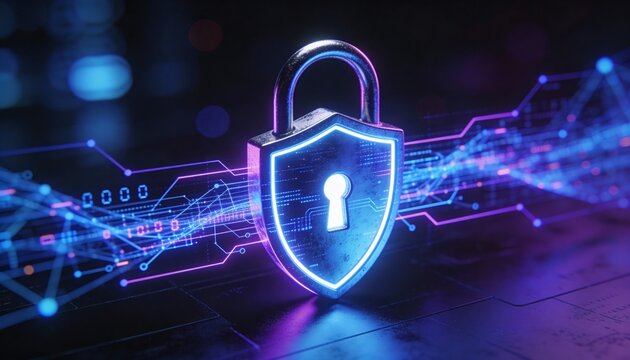 3D Cyber Security Padlock and Shield Icon. Glowing Neon Digital Lock on Dark Binary Code Background. Futuristic Data Protection, Encryption, and Internet Privacy Technology Concept Illustration.