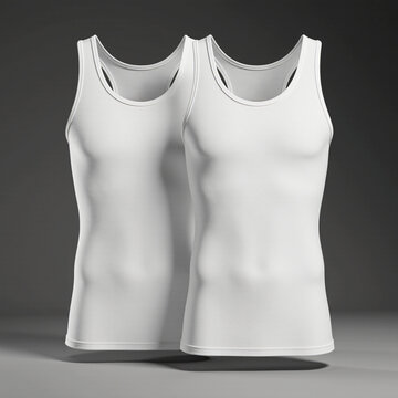 Um par de regatas masculinas, brancas, flutuando em um fundo escuro. Fotografia profissional de moda masculina
