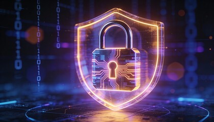 3D Cyber Security Padlock and Shield Icon. Glowing Neon Digital Lock on Dark Binary Code Background. Futuristic Data Protection, Encryption, and Internet Privacy Technology Concept Illustration.