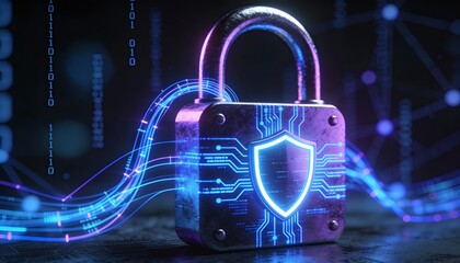 3D Cyber Security Padlock and Shield Icon. Glowing Neon Digital Lock on Dark Binary Code Background. Futuristic Data Protection, Encryption, and Internet Privacy Technology Concept Illustration.