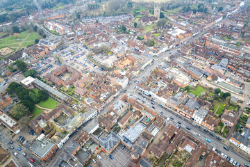 Fototapeta premium Aerial view of Farnham town center, Surrey, England. in a misty day