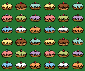 Fototapeta premium Greet happy party jew hannukah fast cafe meal isolated on vibrant blue backdrop. Tileable bright color hand drawn round hanukiah fat sweet sugar glaze frost soft cookie design art retro doodle cartoon