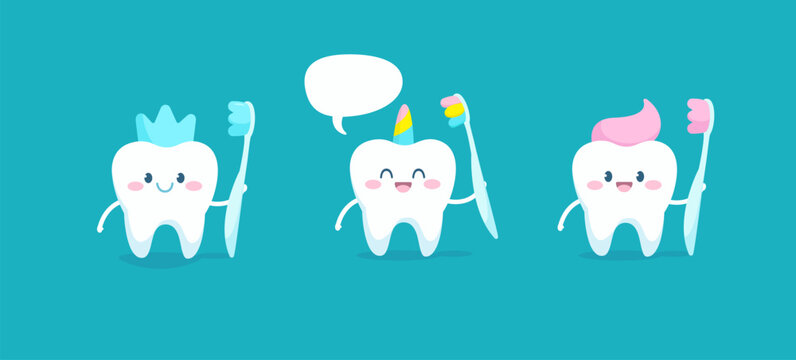 Cute cartoon tooth characters with toothbrush and toothpaste for children dental care design. Happy baby tooth characters for kids dental clinic branding. Editable hand draw vector