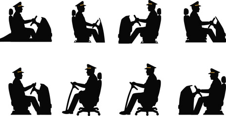 Operator silhouettes, pilot at controls, machine operation, seated worker, cockpit view, control panel, uniform, cap, vehicle driver, posture study – flat vector illustration © Taj