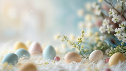 Pastel Easter eggs and spring flowers in a soft white nest with bright, gentle light.