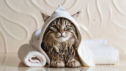 Wet fluffy cat in a white hooded towel looking at camera after bath