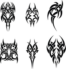 Obraz premium Vector set of black tribal tattoo designs with sharp curved lines and symmetrical patterns for creative body art logo.