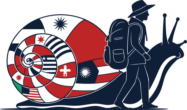 Vector illustration of a traveler hiker walking with a backpack next to a large snail with colorful world flags shell.