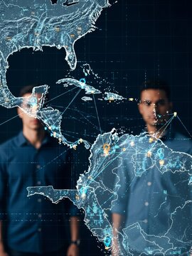 Digital map of the Americas with glowing network lines. Conceptual background for news on US foreign policy, geopolitics, and international security in the Western Hemisphere