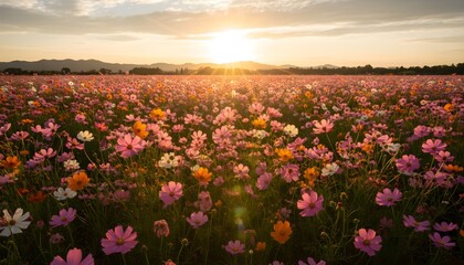 A serene field of vibrant flowers basking in the warm glow of sunset from a low vantage point.