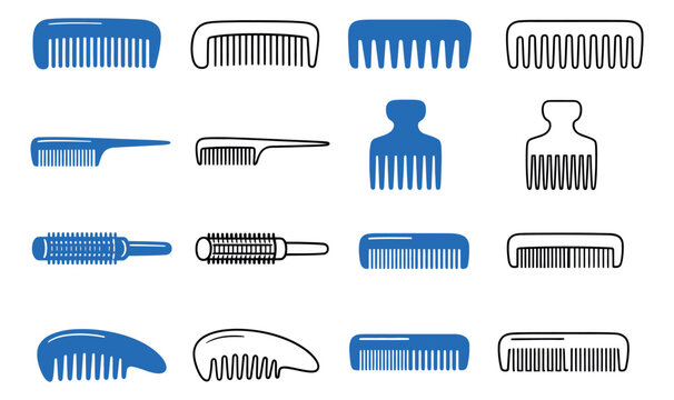 Line art and solid comb set featuring various hairdressing and grooming tools for beauty and personal care