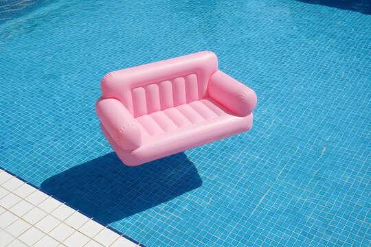 A pink inflatable sofa floating serenely on the surface of a vibrant blue swimming pool surrounded by white tiles