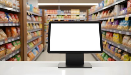 A computer monitor displaying a blank screen stands on a checkout counter in a well-stocked grocery store with shelves of products in the background.