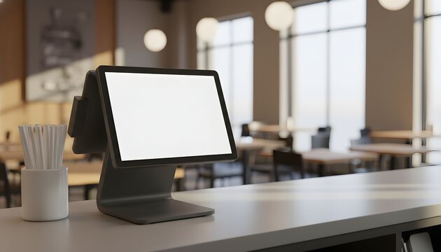 A modern digital display screen stands on a sleek countertop in a bright cafe setting
