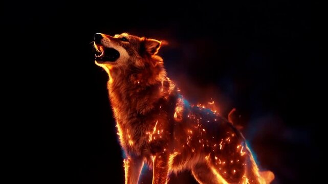 A howling wolf illustration ablaze with fire, set against a dark, contrasting black background