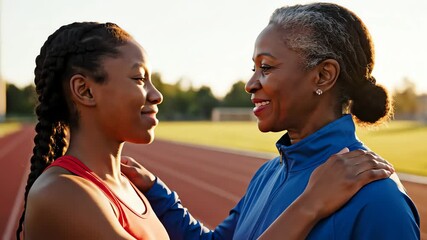 African American woman mentors and encourages a teenage girl on an outdoor running track at sunset for athletic training concept and intergenerational support