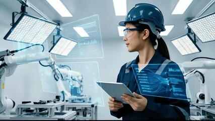 Asian female engineer using tablet and interacting with futuristic holographic interface in smart factory for digital transformation concept - Powered by Adobe