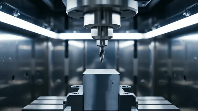 Male factory engineer interacting with holographic augmented reality interface on CNC machine in modern smart manufacturing plant for digital factory concept