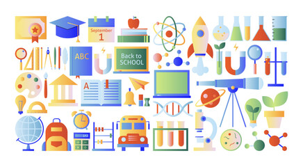 Science Back to School Gradient Object Set. Vector Illustration of University Signs. Education Symbol over White BG. Physics, Maths, Chemistry, Biology.