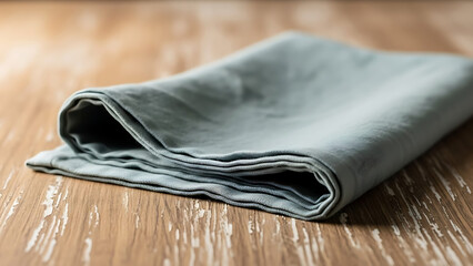 Close-up of a neatly folded soft grey linen napkin resting gracefully on a rustic wooden table, illuminated by a warm, natural light, suggesting comfort and simplicity and a homely atmosphere