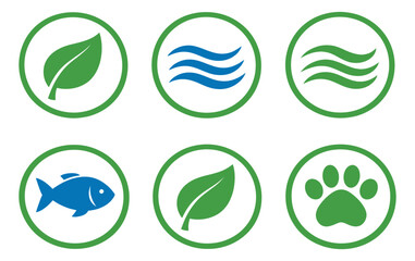 Flat design nature icon set featuring leaves, water waves, air waves, fish, and paw prints for environmental products and services
