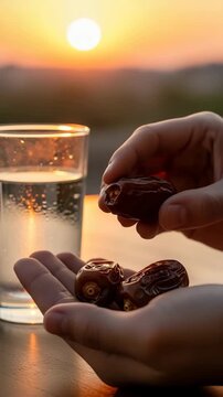 Man is ready to eat sweet date fruit and drinking water for iftar at sunset during ramadan kareem, islamic tradition footage