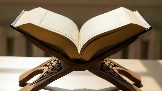 Quran on rehal with light and shadow movement, a sacred book for prayer concept, devotion and religious study video footage